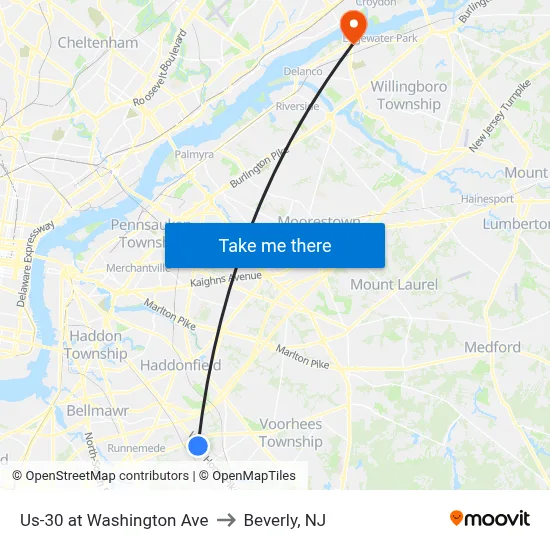 Us-30 at Washington Ave to Beverly, NJ map