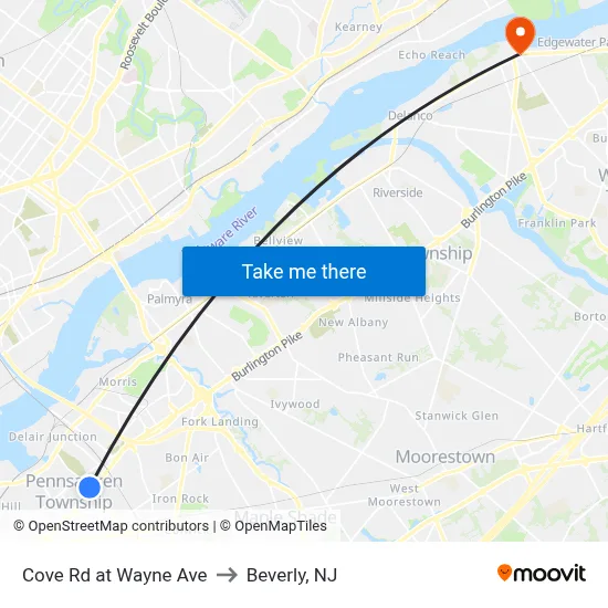 Cove Rd at Wayne Ave to Beverly, NJ map
