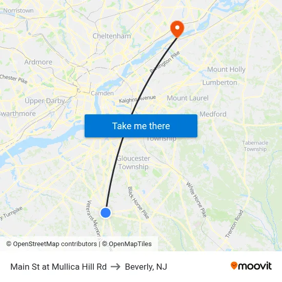 Main St at Mullica Hill Rd to Beverly, NJ map
