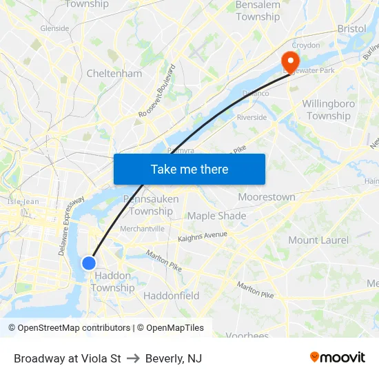 Broadway at Viola St to Beverly, NJ map