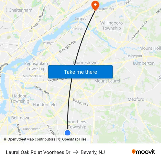 Laurel Oak Rd at Voorhees Dr to Beverly, NJ map