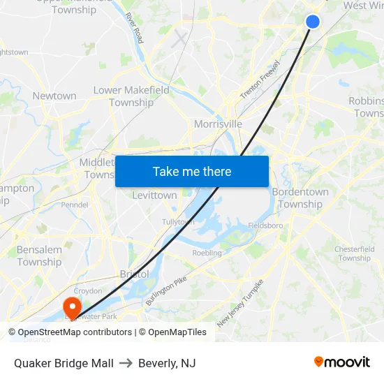 Quaker Bridge Mall to Beverly, NJ map
