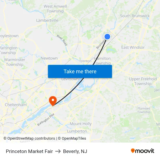 Princeton Market Fair to Beverly, NJ map