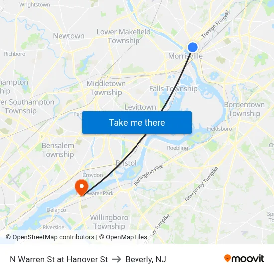 N Warren St at Hanover St to Beverly, NJ map