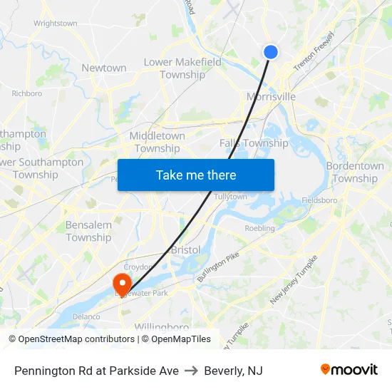 Pennington Rd at Parkside Ave to Beverly, NJ map