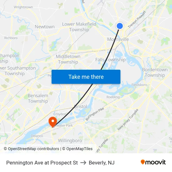 Pennington Ave at Prospect St to Beverly, NJ map