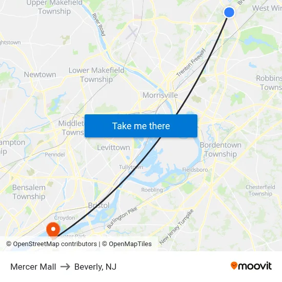 Mercer Mall to Beverly, NJ map