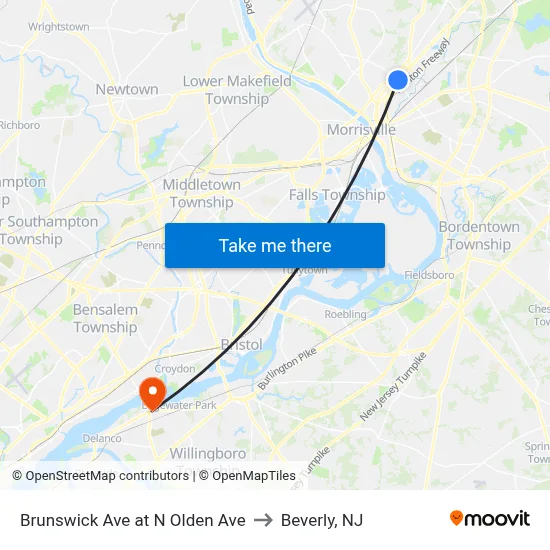 Brunswick Ave at N Olden Ave to Beverly, NJ map