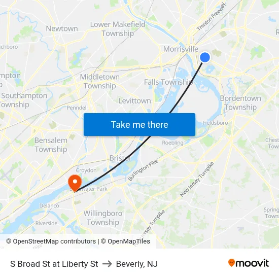 S Broad St at Liberty St to Beverly, NJ map
