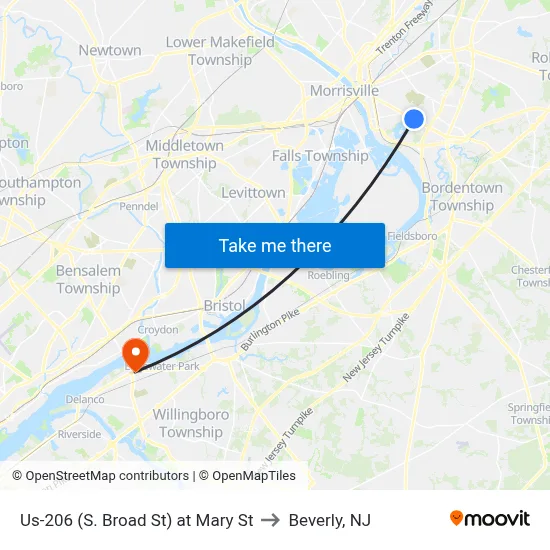Us-206 (S. Broad St) at Mary St to Beverly, NJ map