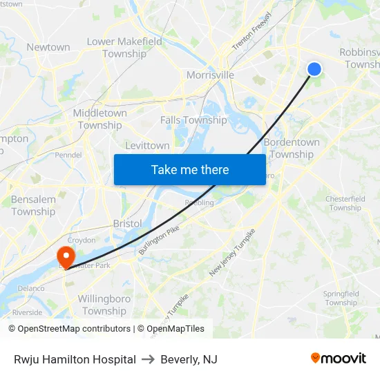 Rwju Hamilton Hospital to Beverly, NJ map