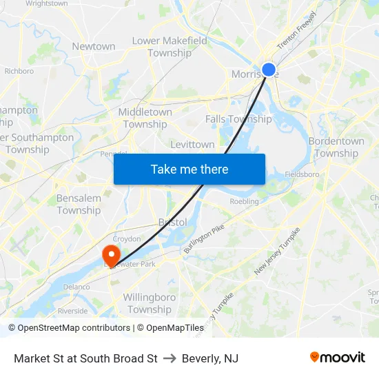 Market St at South Broad St to Beverly, NJ map