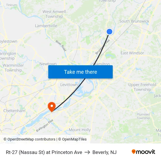 Rt-27 (Nassau St) at Princeton Ave to Beverly, NJ map