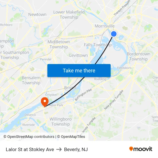 Lalor St at Stokley Ave to Beverly, NJ map