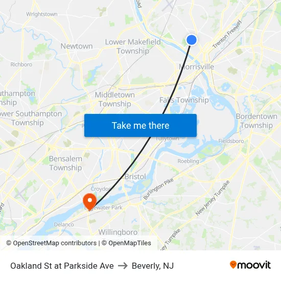 Oakland St at Parkside Ave to Beverly, NJ map