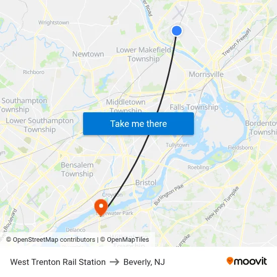 West Trenton Rail Station to Beverly, NJ map
