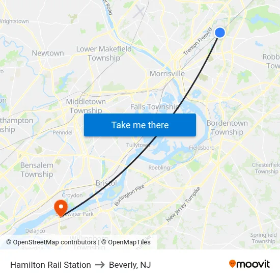 Hamilton Rail Station to Beverly, NJ map