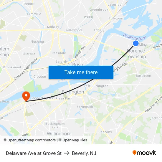 Delaware Ave at Grove St to Beverly, NJ map