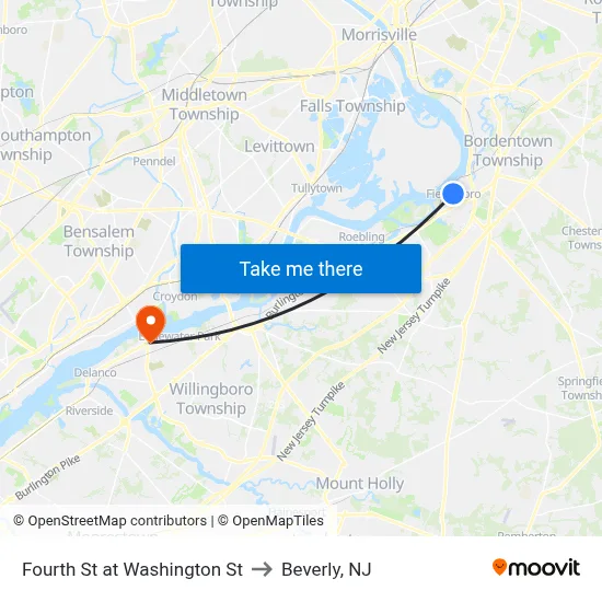 Fourth St at Washington St to Beverly, NJ map