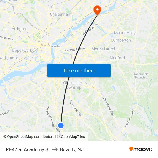 Rt-47 at Academy St to Beverly, NJ map