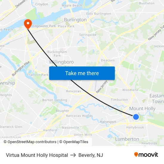 Virtua Mount Holly Hospital to Beverly, NJ map