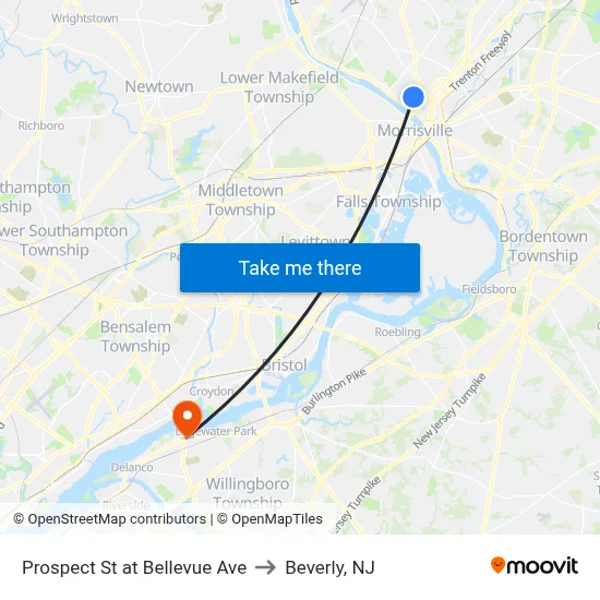 Prospect St at Bellevue Ave to Beverly, NJ map