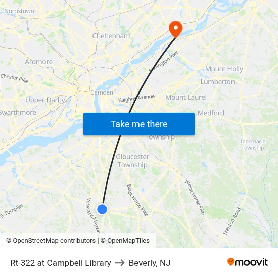 Rt-322 at Campbell Library to Beverly, NJ map