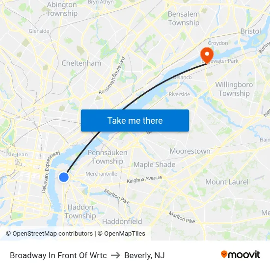 Broadway In Front Of Wrtc to Beverly, NJ map