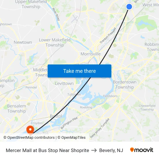 Mercer Mall at Bus Stop Near Shoprite to Beverly, NJ map