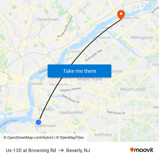 Us-130 at Browning Rd to Beverly, NJ map