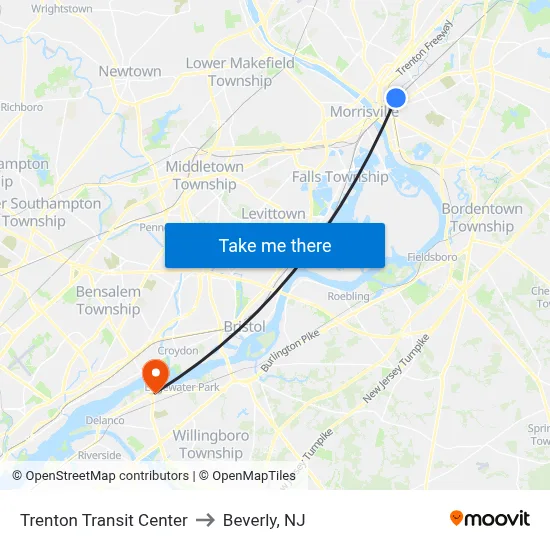 Trenton Transit Center to Beverly, NJ map