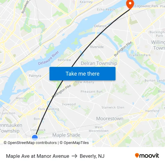 Maple Ave at Manor Avenue to Beverly, NJ map