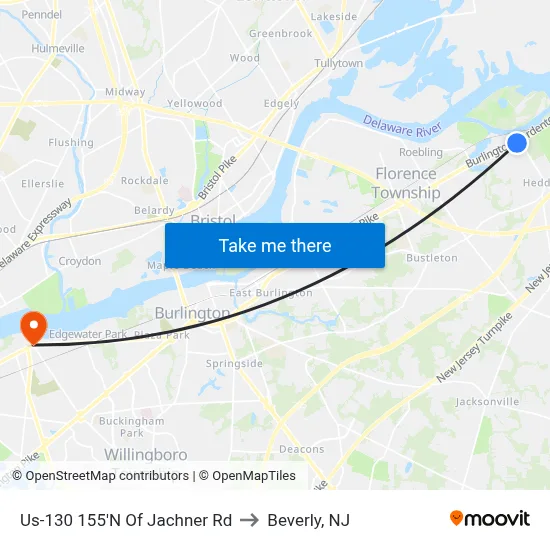 Us-130 155'N Of Jachner Rd to Beverly, NJ map
