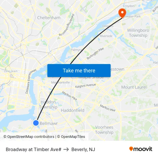 Broadway at Timber Ave# to Beverly, NJ map