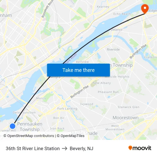 36th St River Line Station to Beverly, NJ map