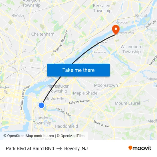 Park Blvd at Baird Blvd to Beverly, NJ map