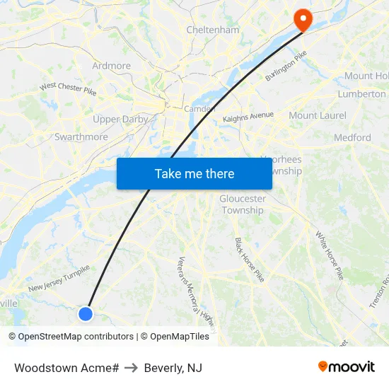 Woodstown Acme# to Beverly, NJ map
