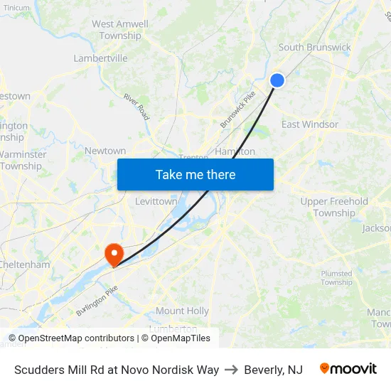 Scudders Mill Rd at Novo Nordisk Way to Beverly, NJ map