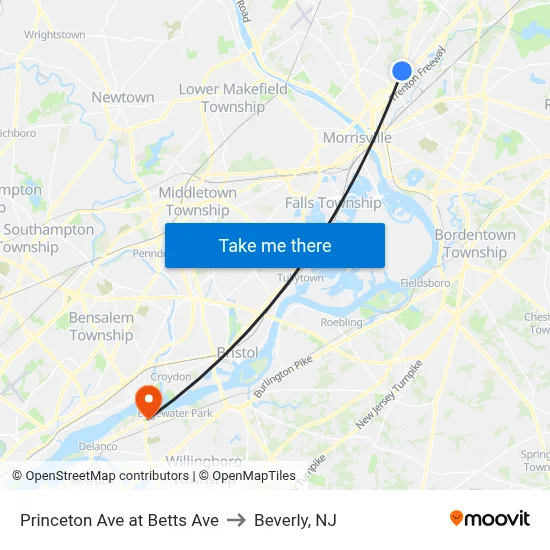 Princeton Ave at Betts Ave to Beverly, NJ map