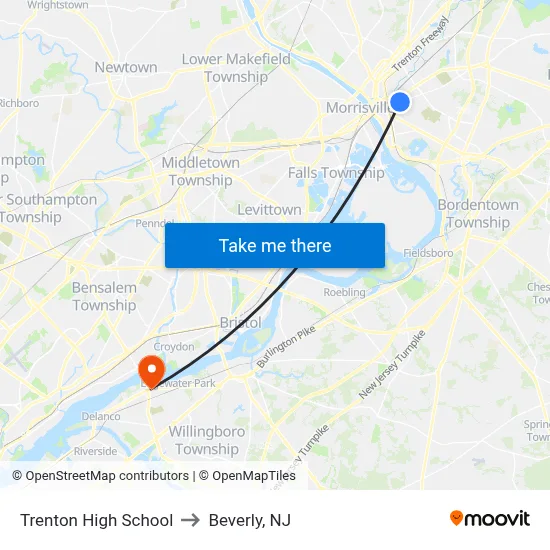 Trenton High School to Beverly, NJ map