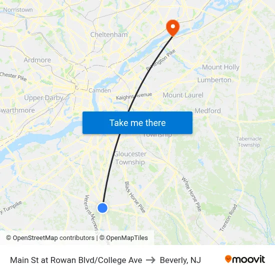 Main St at Rowan Blvd/College Ave to Beverly, NJ map