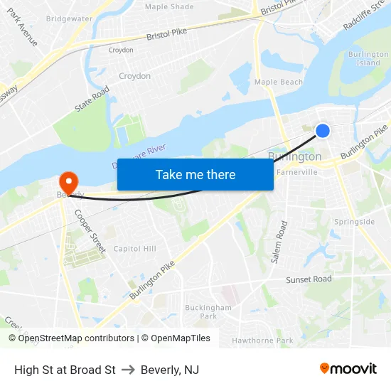 High St at Broad St to Beverly, NJ map