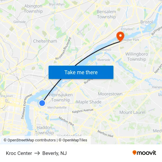 Kroc Center to Beverly, NJ map