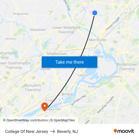 College Of New Jersey to Beverly, NJ map