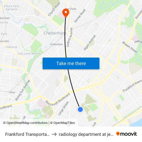 Frankford Transportation Center to radiology department at jeanes hospital map