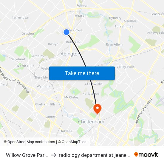Willow Grove Park Mall to radiology department at jeanes hospital map