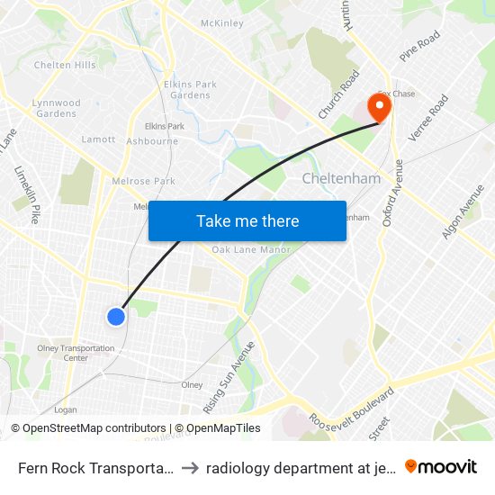 Fern Rock Transportation Center to radiology department at jeanes hospital map