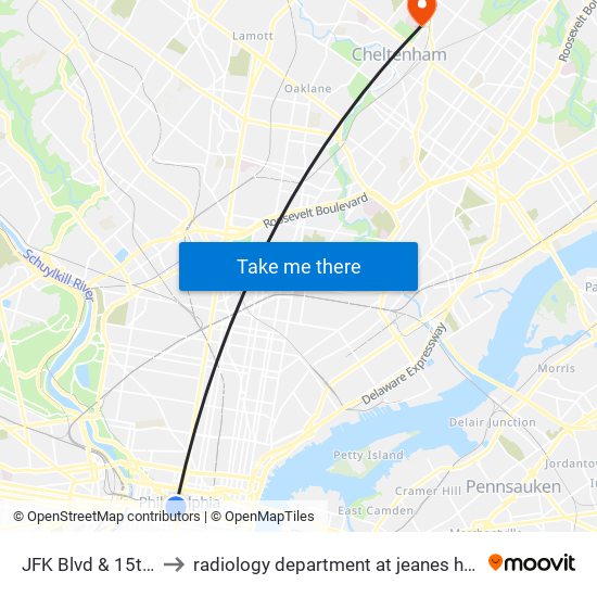 JFK Blvd & 15th St to radiology department at jeanes hospital map