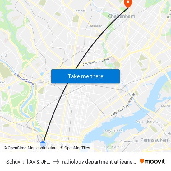 Schuylkill Av & JFK Blvd to radiology department at jeanes hospital map