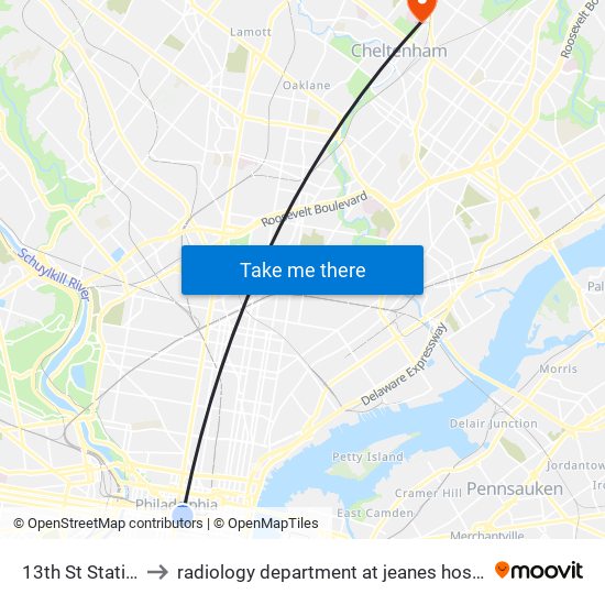 13th St Station to radiology department at jeanes hospital map